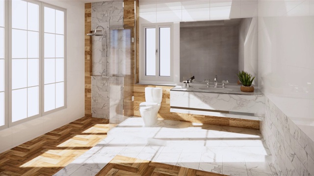禅意设计浴室瓷砖，墙壁和地板-日本风格。三维渲染视频下载