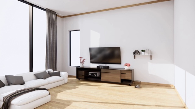 室内场景模拟与黄色沙发和装饰房间极简主义。三维渲染视频下载