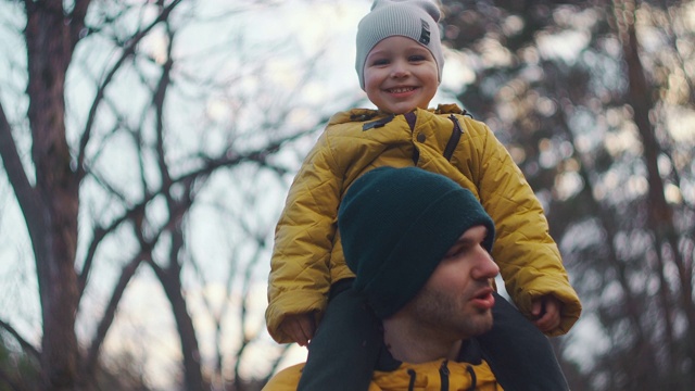 慢镜头:幸福家庭父子小男孩父亲的概念。美丽的父亲和他的宝贝儿子在公园外面。幸福家庭的概念。孩子的生活方式是坐在父亲的脖子上视频素材