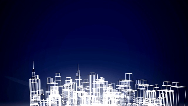 一个现代城市的3d建筑模型在蓝色背景上旋转的白色轮廓动画视频下载