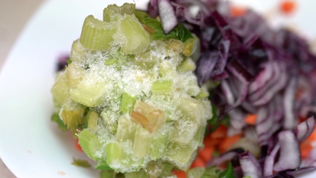 特写冷冻生蔬菜在一个包装，自然产品保存在冰箱在家里。红洋葱、红萝卜、芹菜切成冰块，冷冻蔬菜作进一步烹调之用视频下载
