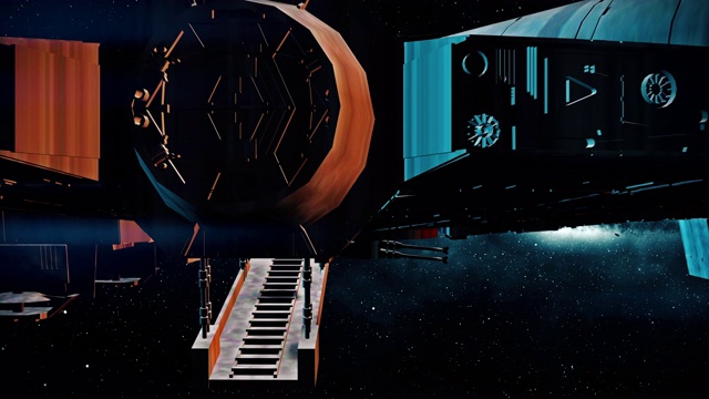 一艘太空飞船在镜头前用开放的台阶降落，收集乘客视频素材