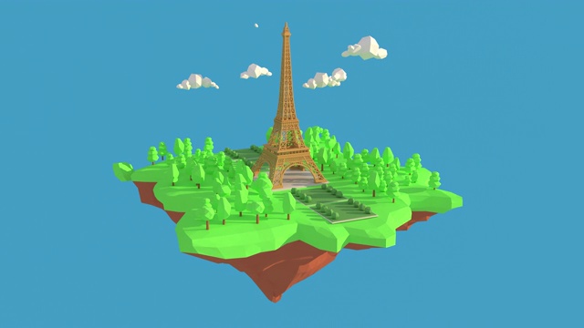 法国埃菲尔铁塔的3D动画循环。3D渲染低多边形几何背景。抽象多边形几何形状。低多边形简约风格艺术。视频下载