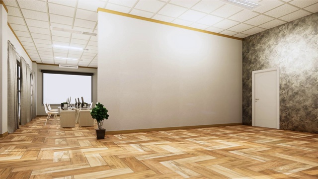 空房间内部与木地板在空的墙壁背景。三维渲染视频素材