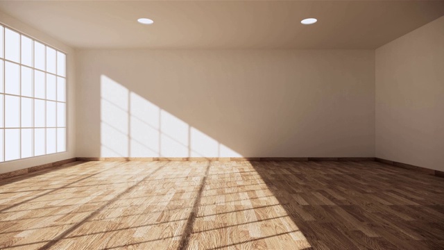 空房间内部与木地板在空的墙壁背景。三维渲染视频下载
