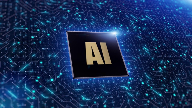 计算机芯片在带有AI符号的电路背景上的数字3d渲染。AI(人工智能)概念，高速连接数据分析，未来技术数字背景视频素材