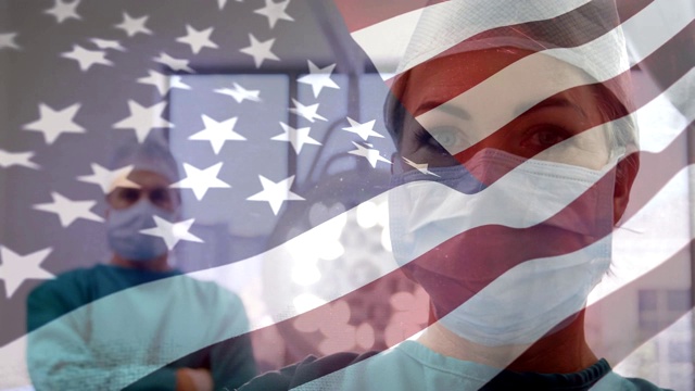 新冠肺炎大流行期间以医护人员为背景的美国国旗动画视频素材
