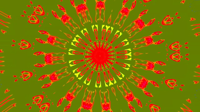视频以花的形状，反射和角度开放的形式，曼荼罗旋转和变化的形状和数字形成万花筒与运动在红色，橙色和绿色的背景视频下载