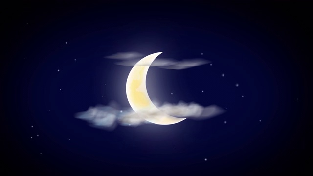 奇异的星空，满天星星，一弯巨大的新月和云。3D动画以4K格式渲染视频素材