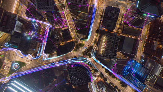 鸟瞰图新加坡天际线与网络连接线的时间流逝。物联网和智慧城市概念，技术未来概念视频素材