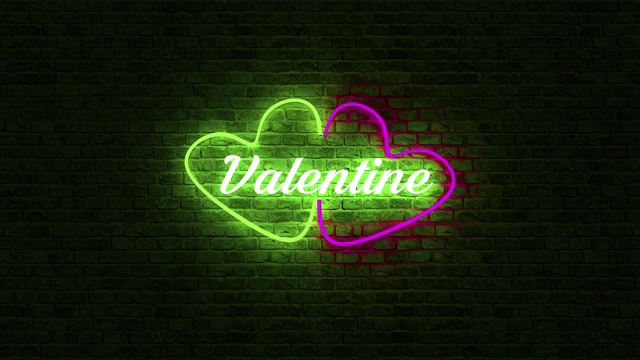动画循环颜色霓虹灯心形标志和情人节文字在砖墙前的背景与3d渲染。视频素材