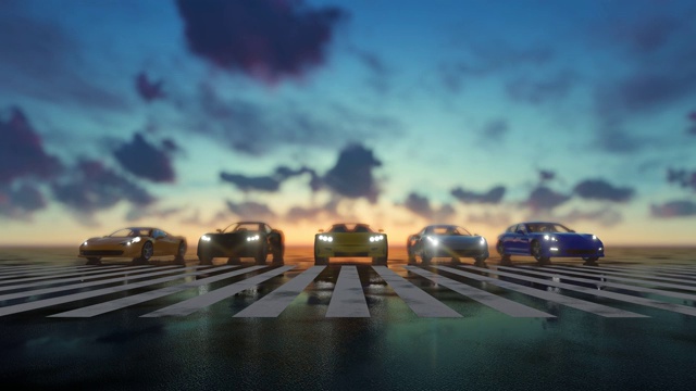 3D豪华汽车等待在人行横道在日落视频下载
