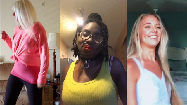 三个不同的女人一起跳舞和唱歌，同时视频聊天视频下载