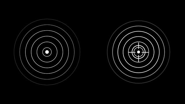 目标图标与无线电波，红色圆圈雷达接口信号与同心圆移动。无线电波、雷达或声纳的动画。视频素材