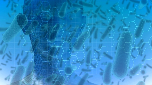 蓝色背景下冠状病毒细胞在人头上扩散的动画。视频下载