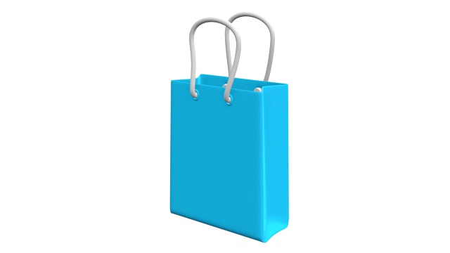 蓝色购物销售空白袋。3d渲染运动动画。视频下载