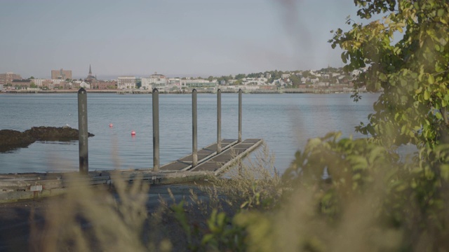 全镜头的臭虫轻船坡道与波特兰的城市景观在背景视频素材