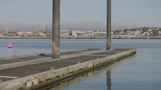倾斜镜头从水到Bug轻船坡道与波特兰的城市景观为背景视频素材