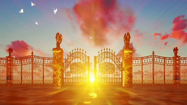 金色的天堂之门在神奇的夕阳下打开，白色的鸽子在飞翔视频素材