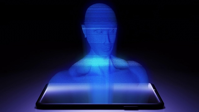 3D渲染人工智能/人体全息图投影在暗室的地板上与蓝色视频下载