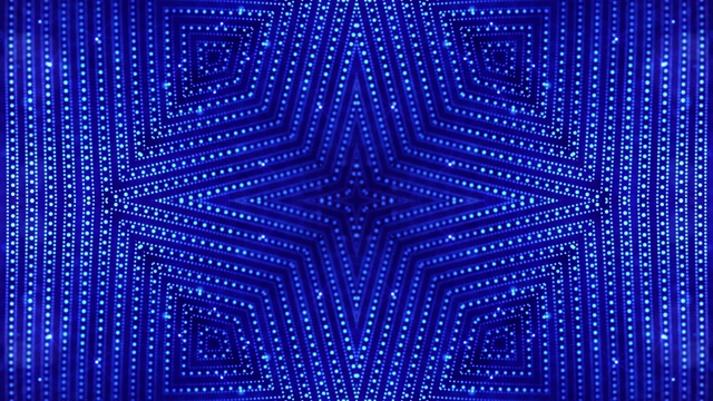 4k循环科幻3d背景与灯光效果。发光的蓝色粒子形成线，表面，复杂的对称结构像万花筒。微观世界或纳米技术的抽象主题视频下载