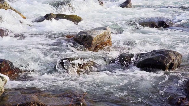 狂野的河水流过岩石，形成白色的泡沫和波浪。慢动作视频视频素材