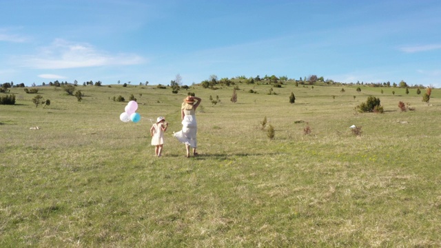 快乐的年轻妈妈和女儿在自然公园玩得开心视频下载