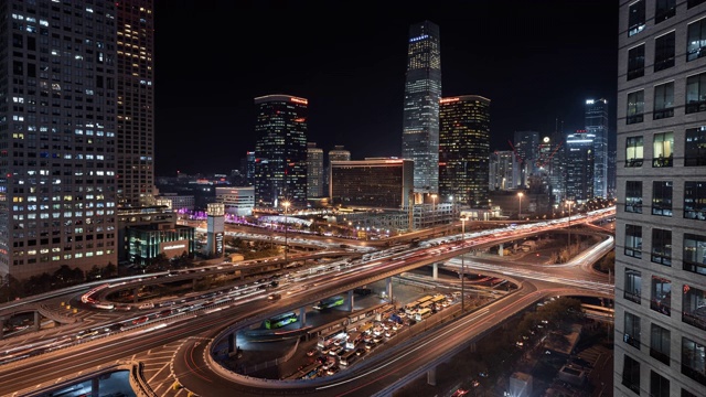 放大北京金融区繁忙的十字路口，繁忙的交通和通勤者的时间间隔视频素材