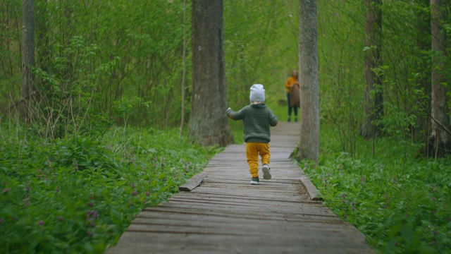 一个男孩在公园的一条木制小路上慢镜头奔跑。一个男孩在森林里的冒险。一个2-3岁的男孩在森林里跑过一座木桥。视频素材