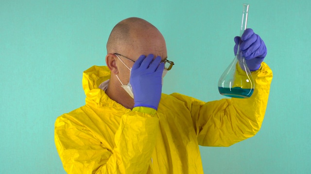 一个戴着眼镜的化学科学家在一个试管中研究烧瓶里的蓝色液体，并把杯子掉下来。戴口罩和医用手套的科学家实验室助理。化学概念。蓝色背景。视频素材