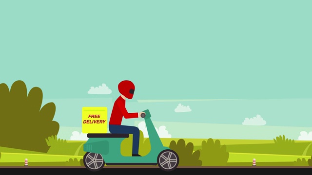 免费送货上门。漫画中的年轻人骑着一辆摩托车，上面有快递箱。以城市景观为背景的男人。视频素材
