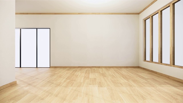 空房间白色木地板室内设计。三维渲染视频下载