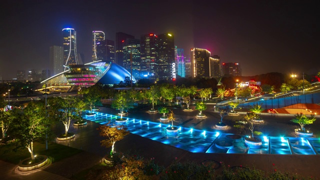 杭州市中心夜景时间照明市中心公园广场全景延时全景4k中国视频素材