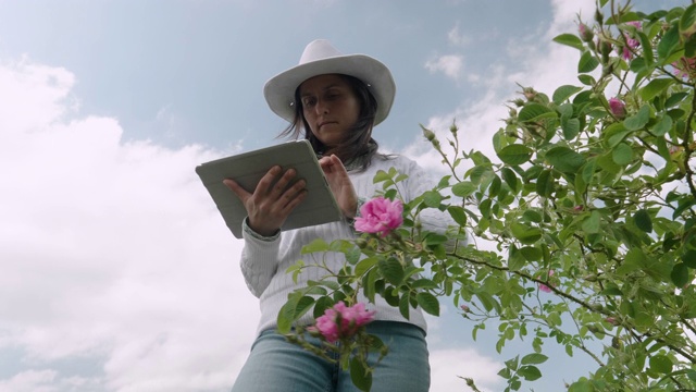 一位农妇在田地中间检查保加利亚油玫瑰的作物。走着看花，用平板电脑。农业职业。视频下载