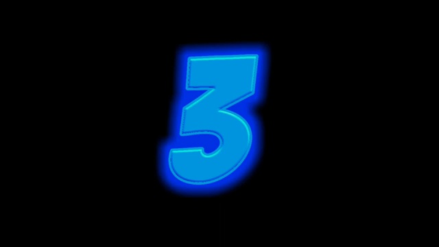 3号霓虹灯在黑色背景下闪闪发光。蓝色闪烁的霓虹灯动画3d视频素材