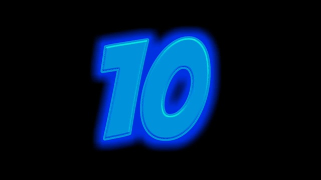 10号霓虹灯在黑色背景下闪闪发光。蓝色闪烁的霓虹灯动画3d视频素材