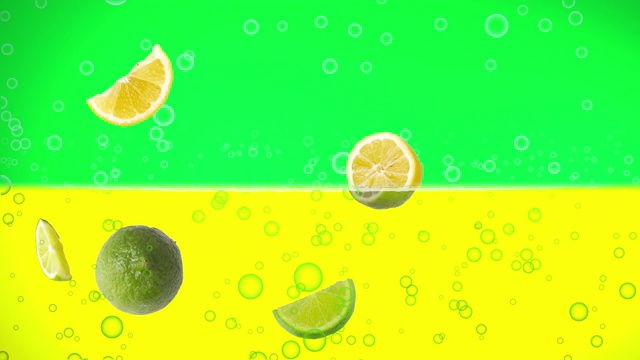 柠檬和青柠泡在泡泡水中视频素材