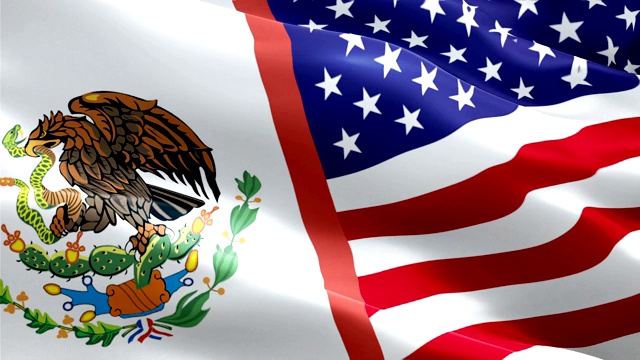 美国和墨西哥国旗特写1080p全高清1920X1080镜头视频在风中飘扬。3d美国vs墨西哥国旗飘扬。标志美国墨西哥无缝循环动画。美国旗帜高清背景1080p视频下载