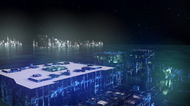 夜间飞行在反乌托邦的未来主义城市视频下载