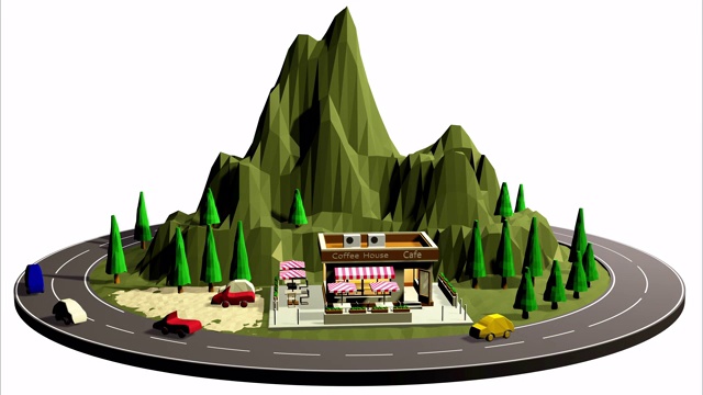 一个路边咖啡馆的3d插图，一个咖啡馆在山路上。旅游度假的概念视频下载