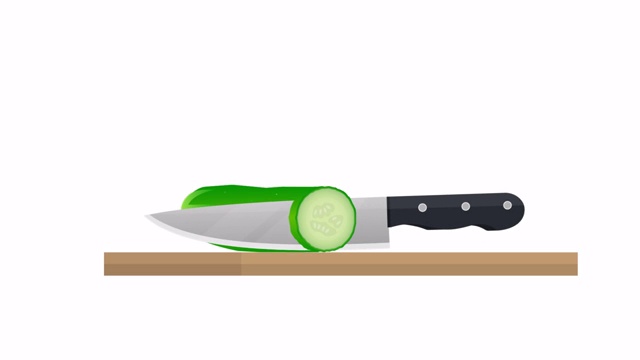 用刀在砧板上切黄瓜。动画烹饪。卡通视频下载