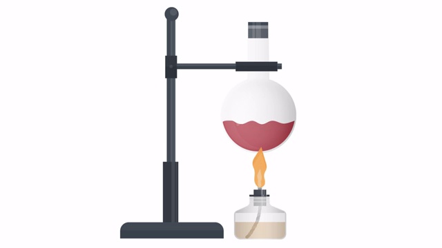 化学测试。燃烧器在烧瓶中加热试剂的动画。卡通视频下载