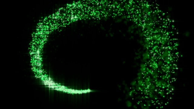 绿色奢华闪耀星尘螺旋轨迹。黑色背景上的魔法。发光粒子波视频素材