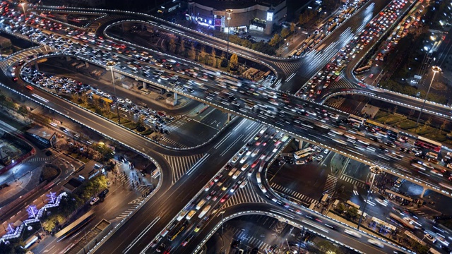 这是北京金融区繁忙的十字路口的夜景，繁忙的交通和通勤者正处于高峰时段视频素材