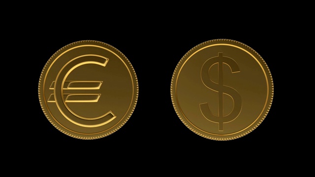 带有美元和欧元标志的金币的3D动画在黑色上旋转视频下载