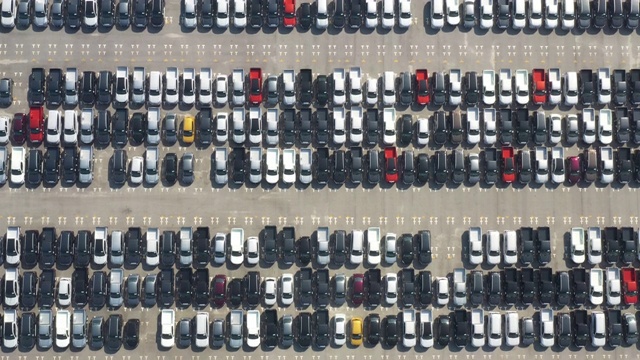 鸟瞰图的新汽车排队在工业港。视频下载