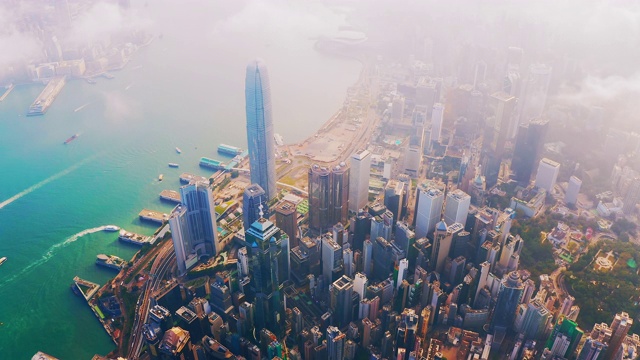 无人机拍摄:实时，4K鸟瞰图香港天际线，中国。视频下载