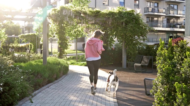 看起来很运动的女人和她的狗慢跑。健康的生活方式。后视图视频下载