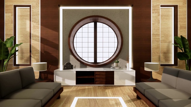 房间日本沙发日式风格和白色背景提供了一个窗口编辑。三维渲染视频下载