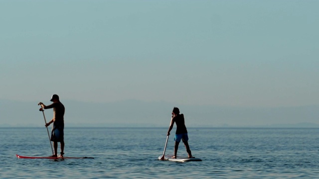 年轻人站在碧绿的海水里的划桨板上。泰国，水上运动，积极的生活方式视频素材